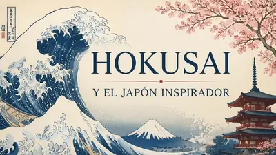 Cartel del taller: «La gran ola de Kanagawa» de Hokusai con el monte Fuji al fondo, una pagoda y ramas de cerezo en flor, junto al título «Hokusai y el Japón inspirador»
