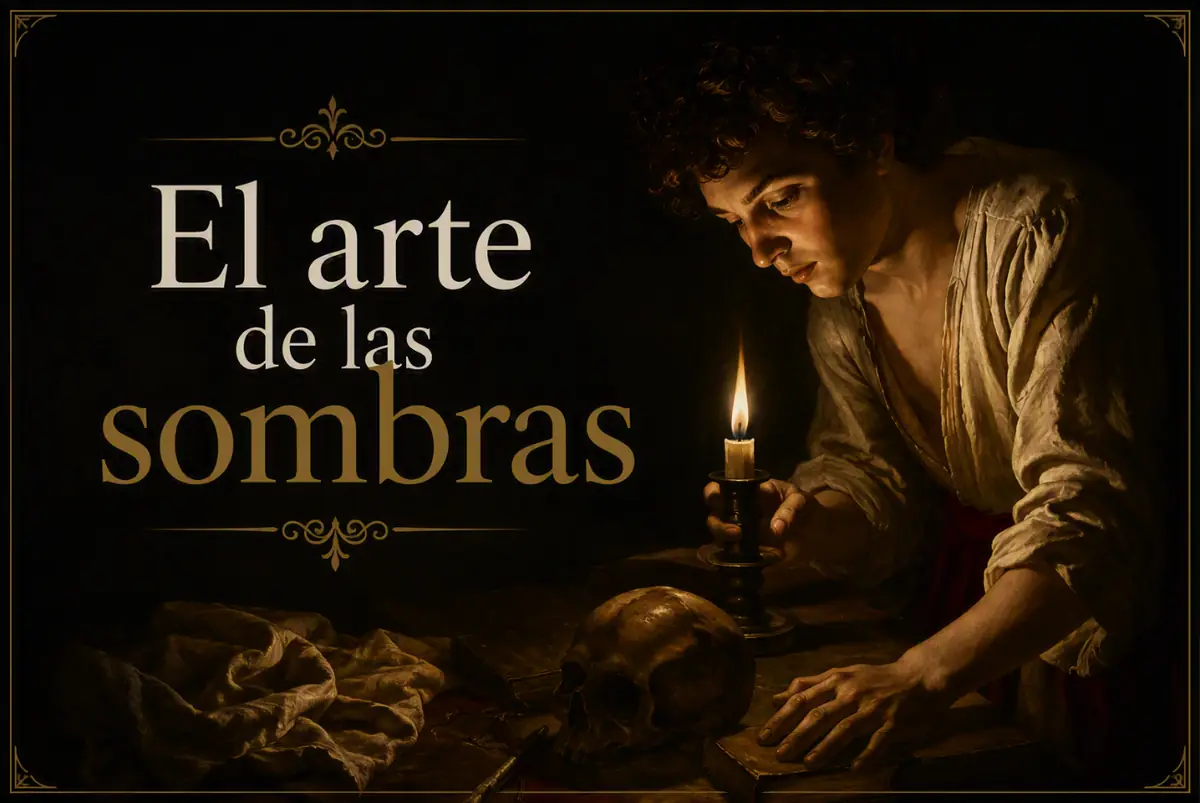 Cartel del taller: escena tenebrista de un joven que alumbra con una vela una calavera sobre la mesa, junto al título «El arte de las sombras»