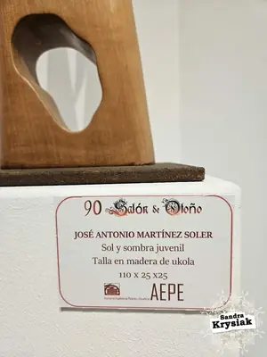 Detalle de la talla «Sol y sombra juvenil» junto a su cartela en el 90 Salón de Otoño