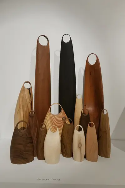 Grupo de piezas de madera de distintos tonos, con forma de vaina abierta por arriba, sobre fondo blanco