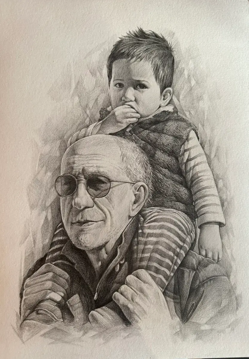 Dibujo de Axel de un hombre con gafas y un niño sentado sobre sus hombros