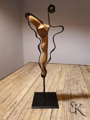 Forma de madera suspendida entre líneas de metal