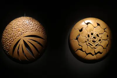 Dos relieves circulares de madera tallada expuestos lado a lado en una galería con fondo negro