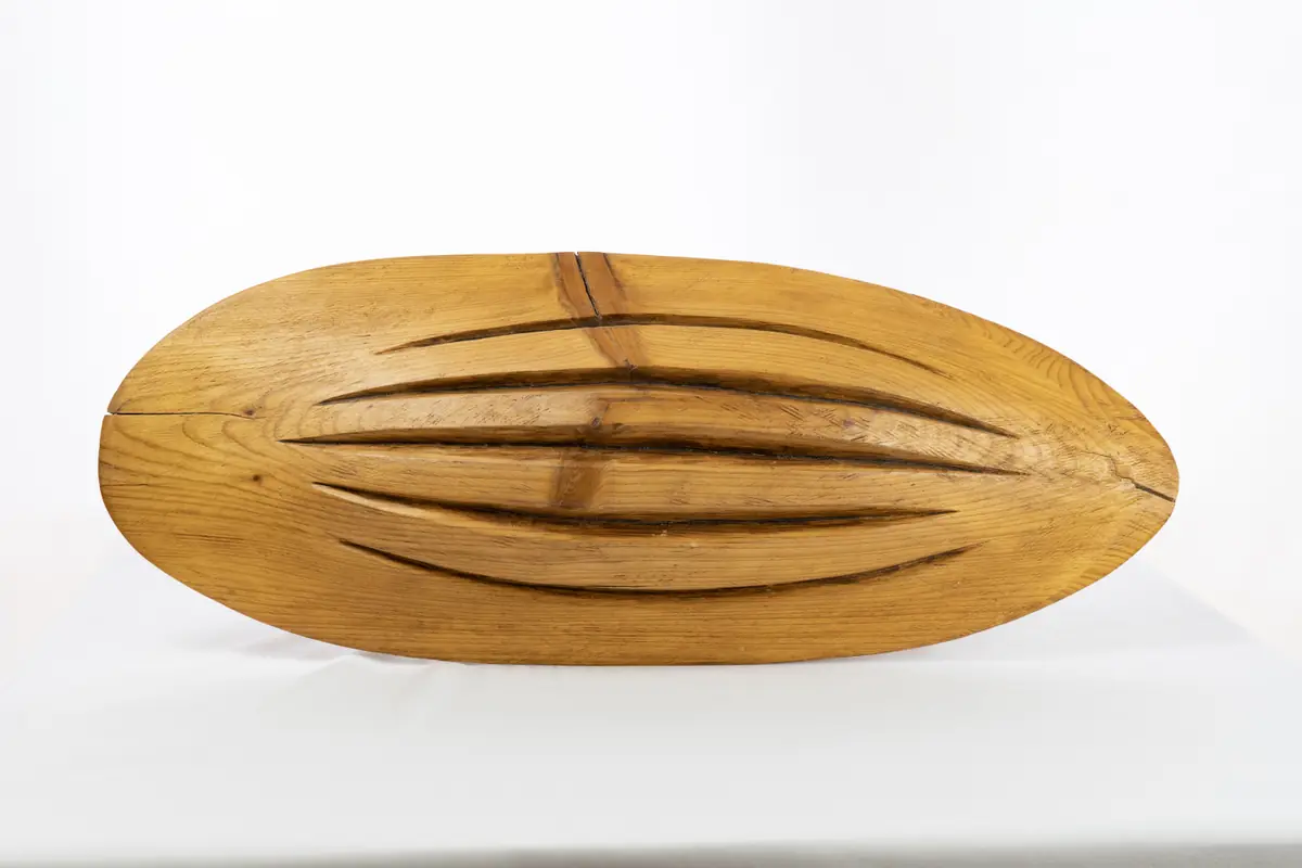 Talla alargada de pino con forma de semilla, tumbada, con cortes profundos que la recorren de punta a punta